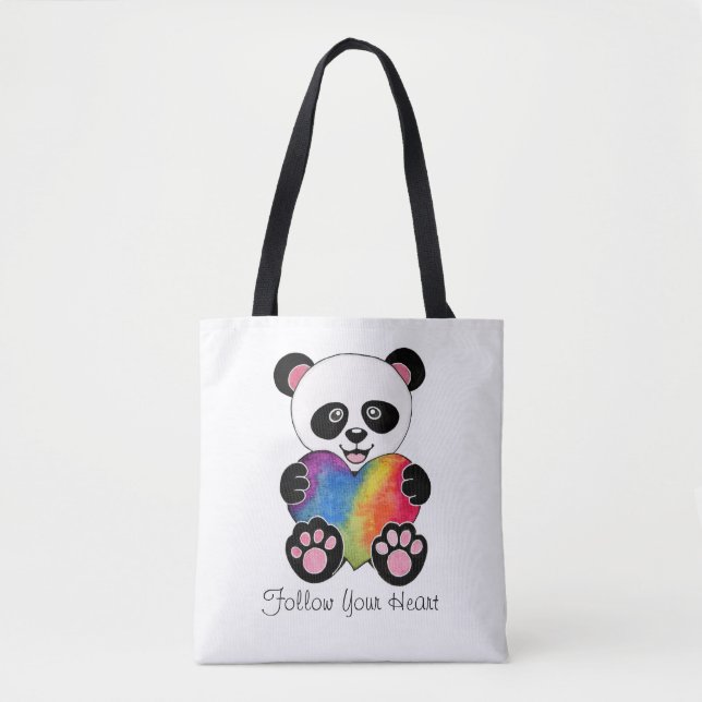 Bolsa Tote Panda Cuta De Aquarela Com Coração Arco-Íris (Frente)