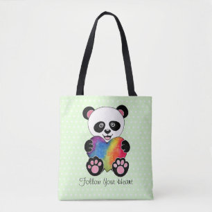 Bolsa Tote Panda Cuta De Aquarela Com Coração Arco-Íris