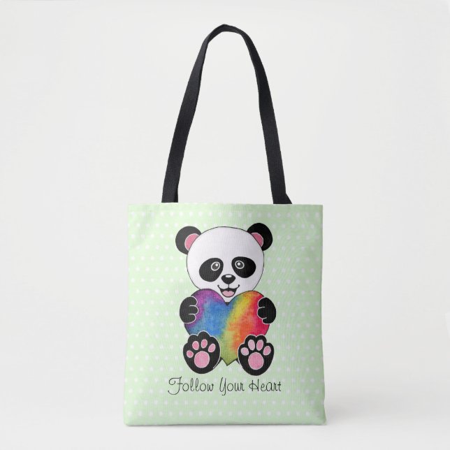Bolsa Tote Panda Cuta De Aquarela Com Coração Arco-Íris (Frente)