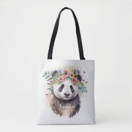 Bolsa Tote Panda Flowers Watercolor                        