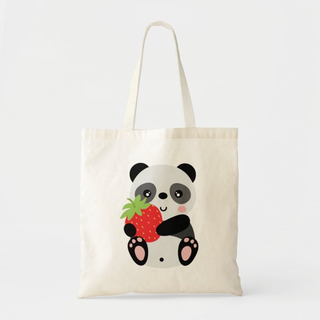 Bolsa Tote Panda fofo com morango (Frente)