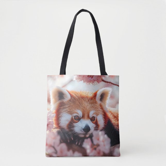 Bolsa Tote Panda Vermelha Entre Blossomas De Cereja (Frente)