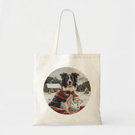 Bolsa Tote Pano Collie Dog Snowman na fronteira de Natal