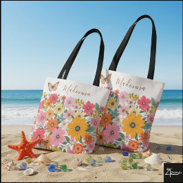 Bolsa Tote Pano de Fundo Floral Retro dos Anos 70 Margarida G