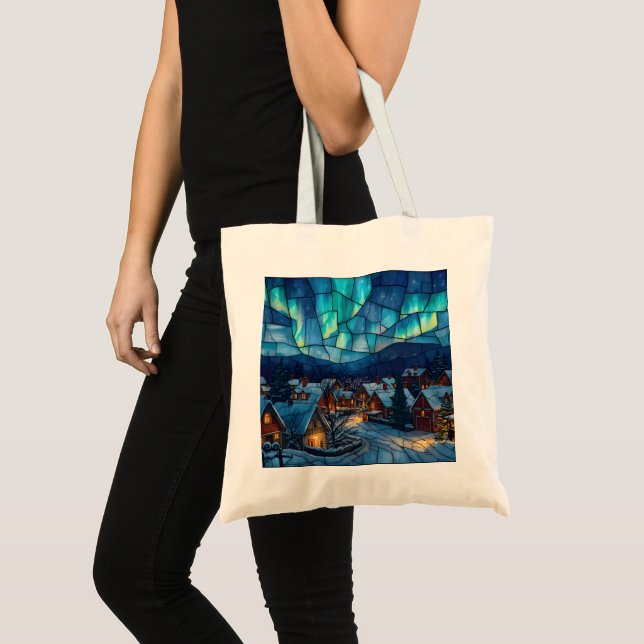 Bolsa Tote Panoramic Stained Glass Winter Village (Frente (produto))
