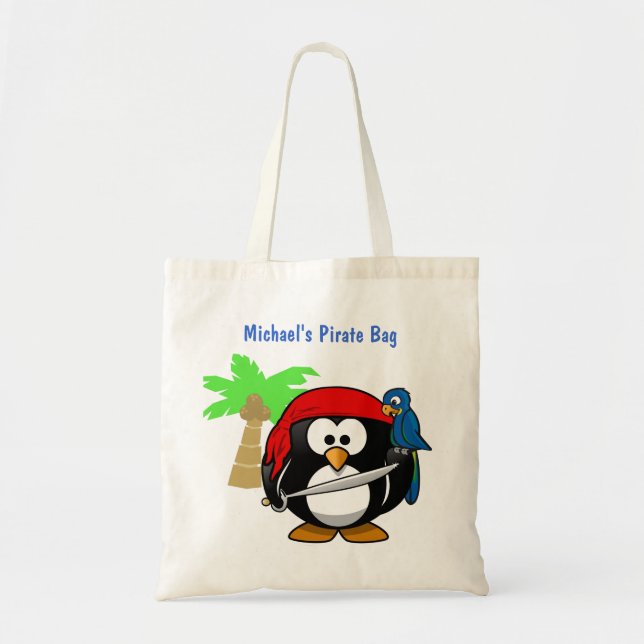 Bolsa Tote Papagaio do pinguim do pirata e praia conhecida (Frente)