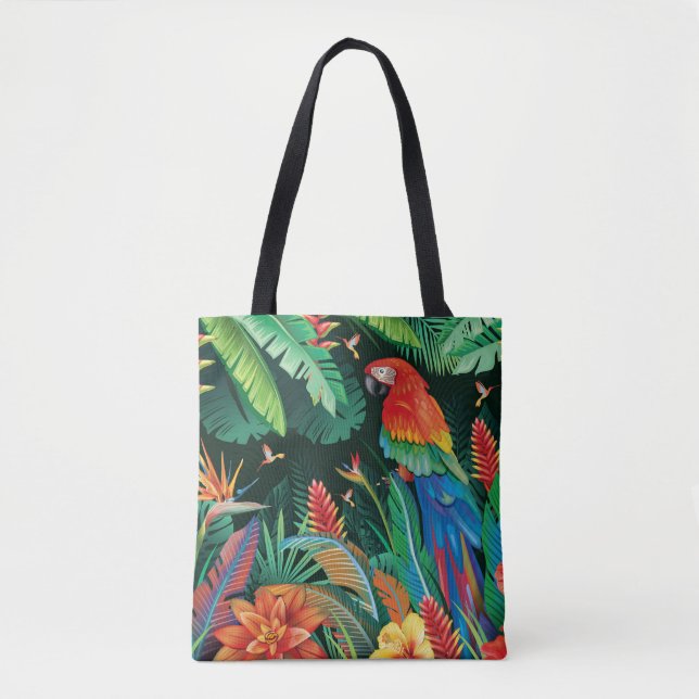 Bolsa Tote Papagaio Tropical: Fundo Floral Exótico. (Frente)