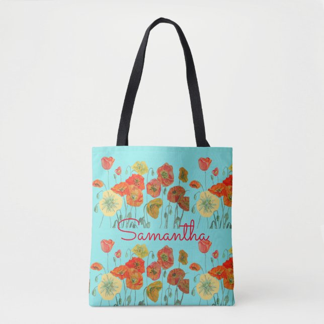 Bolsa Tote Papagaios Amarelos Vermelhos Papagaios Flores Aqua (Frente)