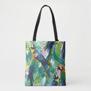 Bolsa Tote papagaios coloridos e flores exóticas
