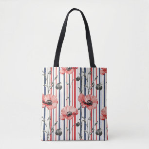 Bolsa Tote Papagaios vermelhos com folhas azuis e padrão risc