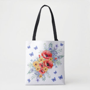 Bolsa Tote Papagaios Vermelhos, Girassóis e Borboletas