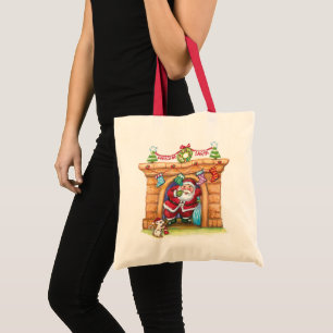 Bolsa Tote Papai Noel Alegre Desenhado Animado Descendo a Cha