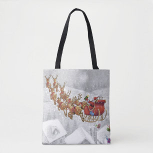 Bolsa Tote Papai Noel andando de trenó com caixa de presentes