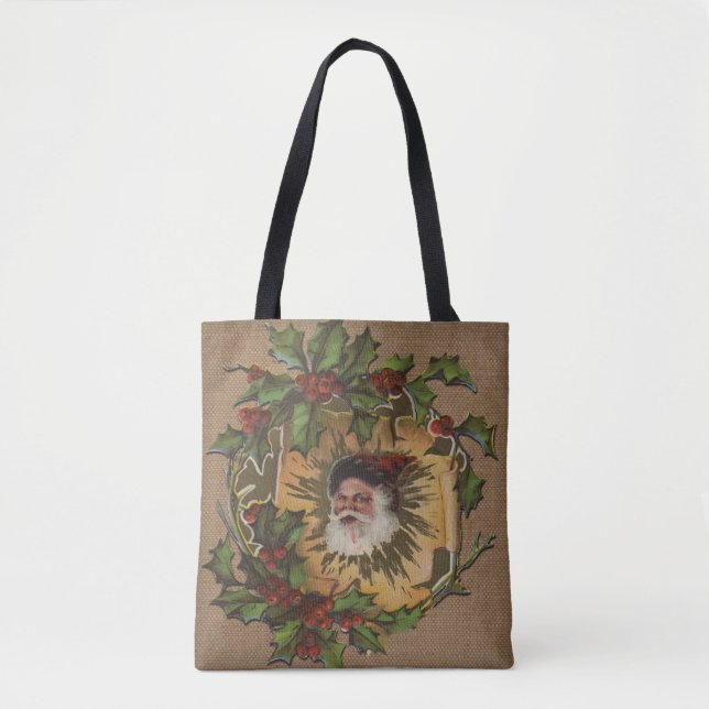 Bolsa Tote Papai Noel Antigo Natal Azevinho (Frente)