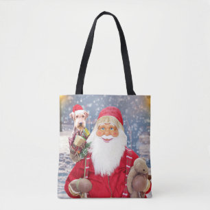 Bolsa Tote Papai Noel com presentes de Natal Airedale Dog