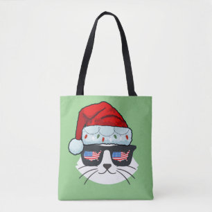Bolsa Tote Papai Noel De Natal Com Bandeira De Gato