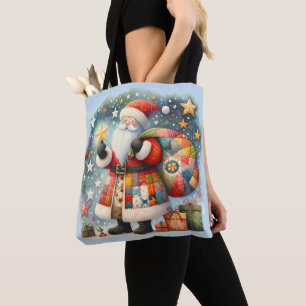 Bolsa Tote Papai Noel de Patchwork Acolchoado com Estrelas de