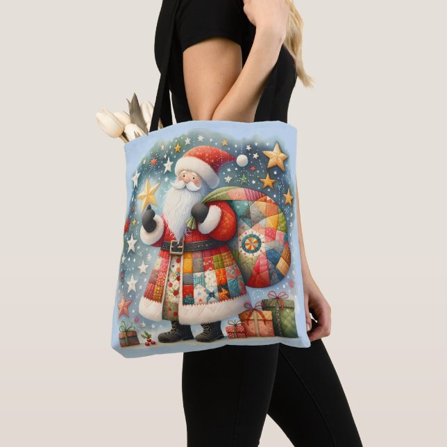 Bolsa Tote Papai Noel de Patchwork Acolchoado com Estrelas de (Close Up)