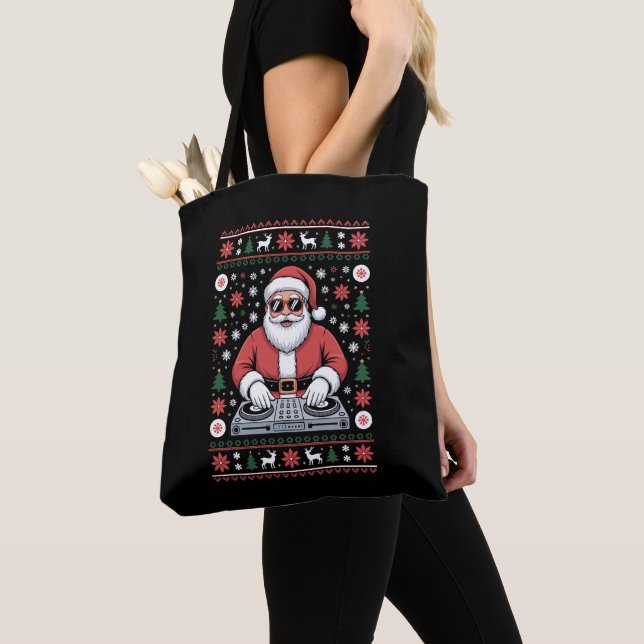 Bolsa Tote Papai Noel DJ Natal Suéter Feio Floco de Neve (Close Up)