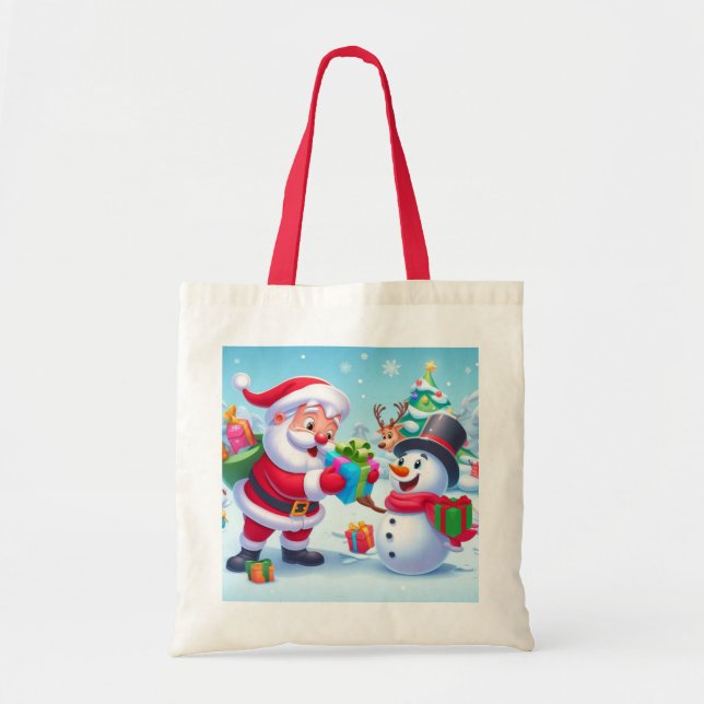 Bolsa Tote Papai Noel e boneco de neve fofos  (Frente)