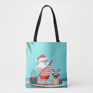 Bolsa Tote Papai Noel e o Pug dele no surfboard
