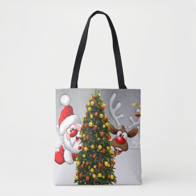 Bolsa Tote Papai Noel e renas atrás de uma árvore de natal.j (Frente)