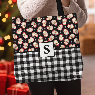 Bolsa Tote Papai Noel Vintage em Xadrez Preto Monogramado Nat