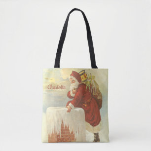 Bolsa Tote Papai Noel Vitoriano do Natal Antigo na Chaminé