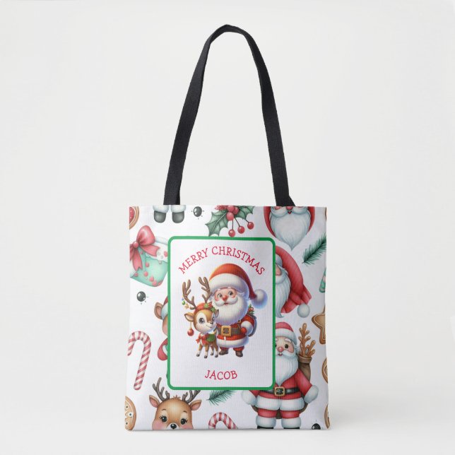 Bolsa Tote Papais noeis bonitos e renas - Natal personalizado (Frente)