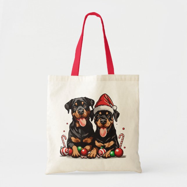 Bolsa Tote Papais noeis de Cachorro Rottweiler Natal (Frente)