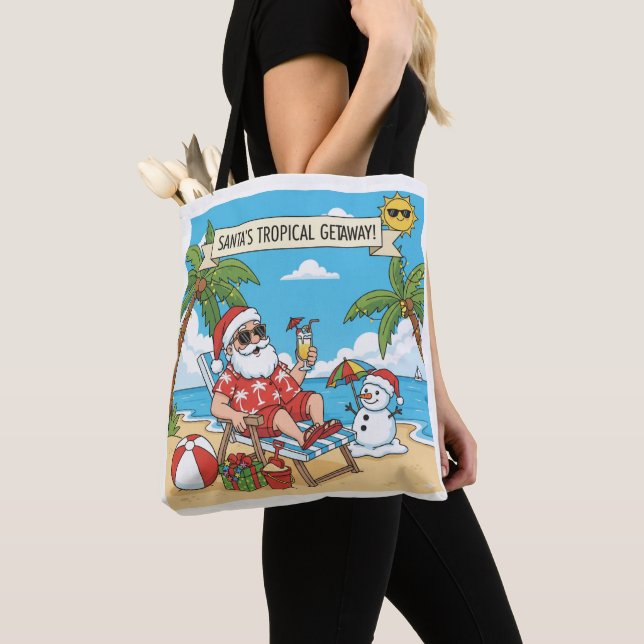 Bolsa Tote Papais noeis e boneco de neve na praia (Close Up)