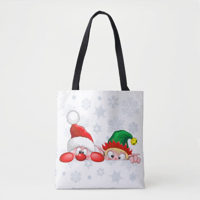 Bolsa Tote Papais noeis e Elf Cute e Caracteres Engraçados (Frente)