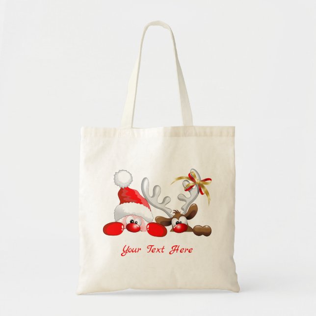 Bolsa Tote Papais noeis engraçados e Cartoon de Reindeer (Frente)