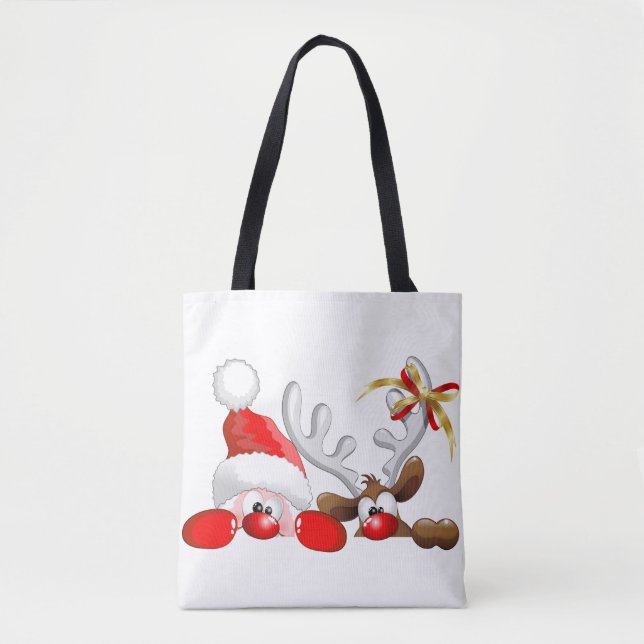 Bolsa Tote Papais noeis engraçados e Cartoon de Reindeer (Frente)