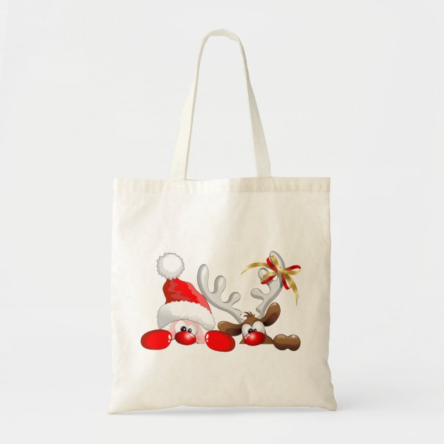 Bolsa Tote Papais noeis engraçados e Cartoon de Reindeer (Frente)