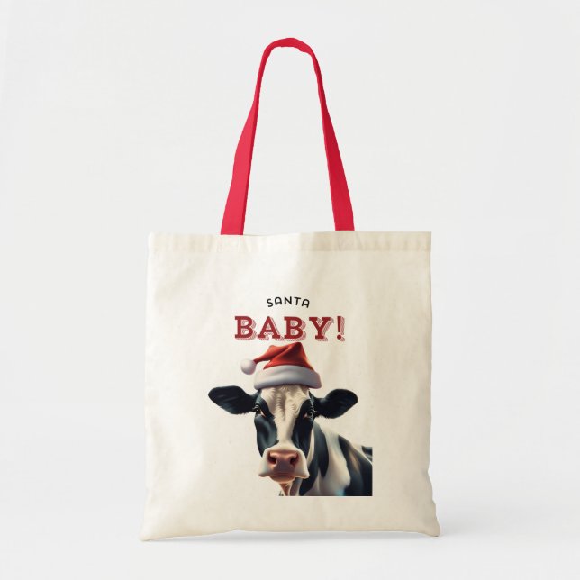 Bolsa Tote Papais noeis engraçados Vaca Holstein de Natal (Frente)