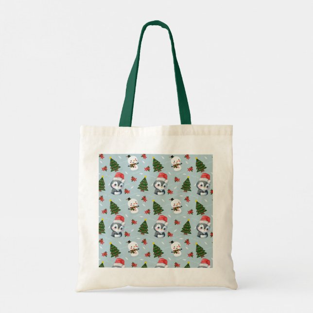 Bolsa Tote Papais noeis Pinguins Feliz Padrão de Árvore de Na (Verso)
