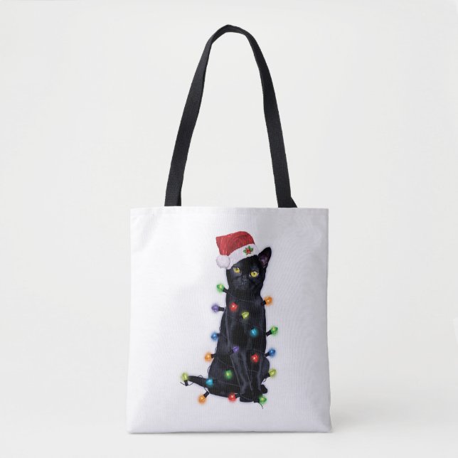 Bolsa Tote Papais noeis pretos Gato com luzes de natal (Frente)