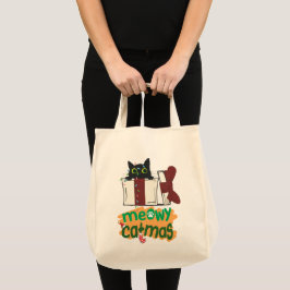 Bolsa Tote Papais noeis pretos Gato enredado em luzes de árvo