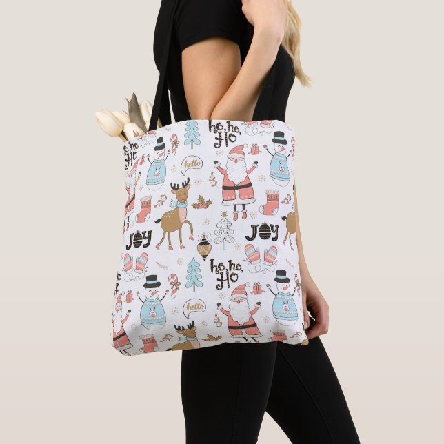Bolsa Tote Papais noeis, Snowman, Reindeer Pattern ID559 (Close Up)