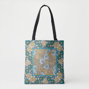 Bolsa Tote papel de parede de flores azul-de-art-nouveau