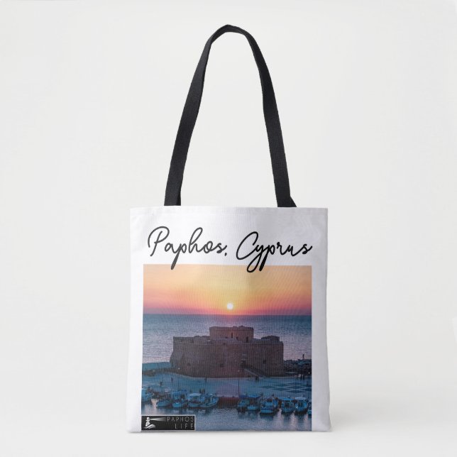 Bolsa Tote Paphos Castle Sunset e Assinatura (Frente)