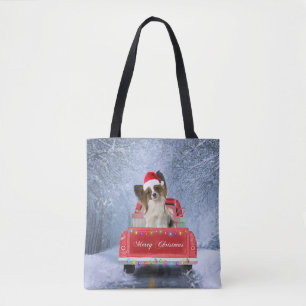 Bolsa Tote Papillon Dog em Neve sentado no Caminhão de Natal