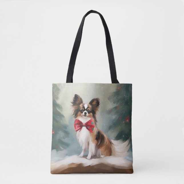 Bolsa Tote Papillon Dog no Natal da Neve (Frente)