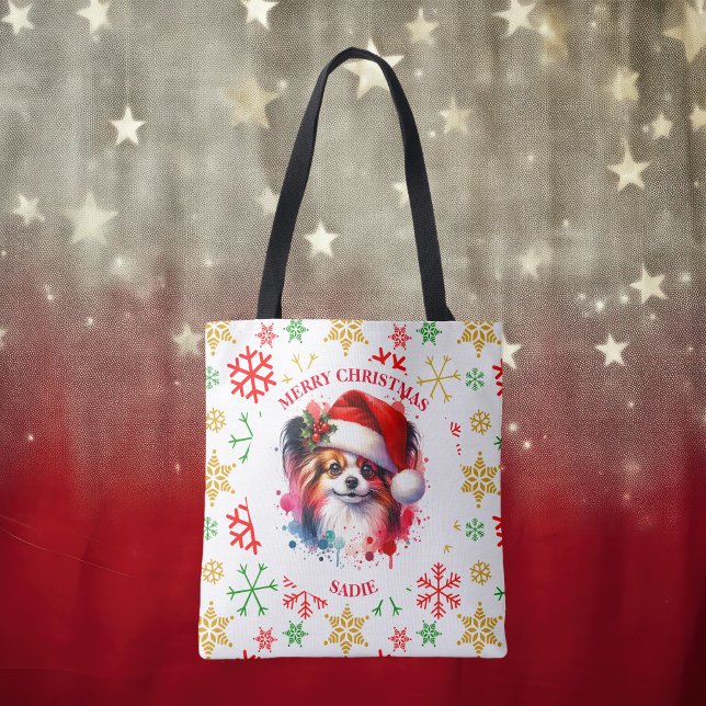 Bolsa Tote Papillon Dog Personalizado no Natal de Santa Hat (Criador carregado)
