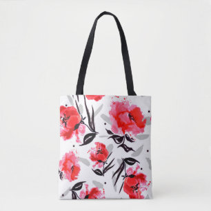 Bolsa Tote Papoila Vermelha em um fundo branco com faixas de 