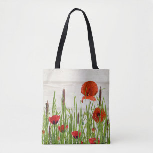 Bolsa Tote papoilas e cattails vermelhos
