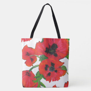 Bolsa Tote Papoilas orientais vermelhas e pretas no branco