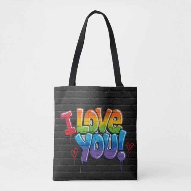 Bolsa Tote Parede de Tijolo Preto com Grafite “Eu Te Amo!” (Frente)