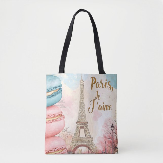 Bolsa Tote Paris, Je T'aime - Torre Eiffel com Macarons (Frente)